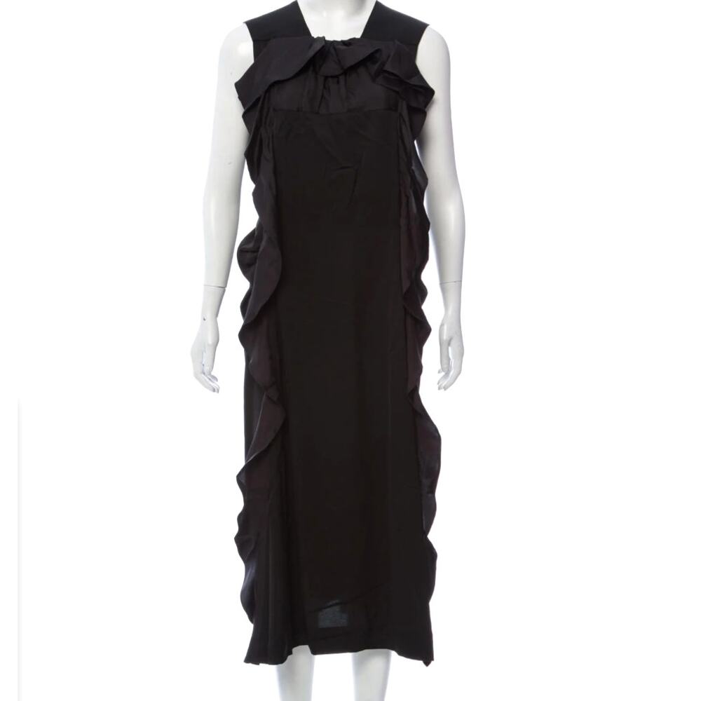 CARVEN Wool/silk Sleeveless Square Neck Ruffle-Trim Midi Slits Dress Black 38/6
